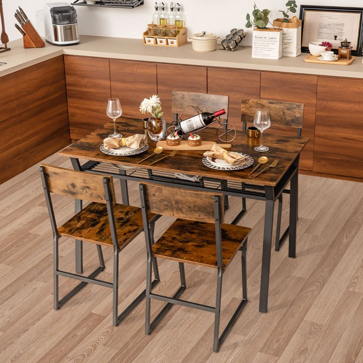 Set Da Tavolo Da Pranzo 5 Pezzi, Tavolo Da Cucina Con 4 Sedie Mensola Portaoggetti E Telaio in Metallo 2 Colori