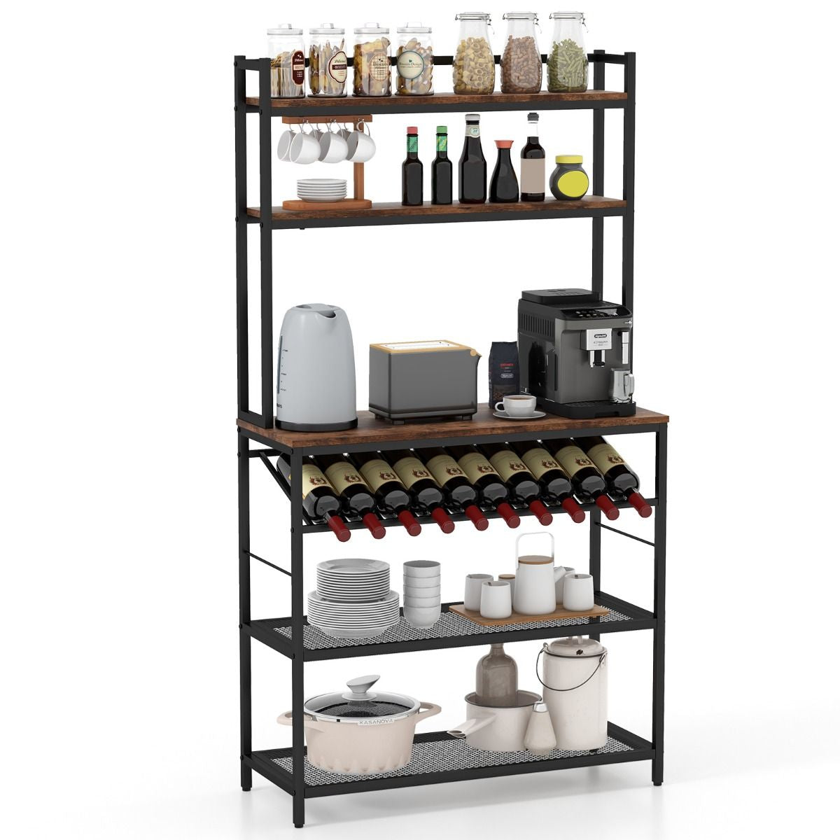 Scaffale Da Cucina a 6 Ripiani Con Portabottiglie 2 Ripiani in Rete, Scaffale Porta Microonde Alto Marrone Rustico