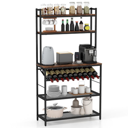 Scaffale Da Cucina a 6 Ripiani Con Portabottiglie 2 Ripiani in Rete, Scaffale Porta Microonde Alto Marrone Rustico