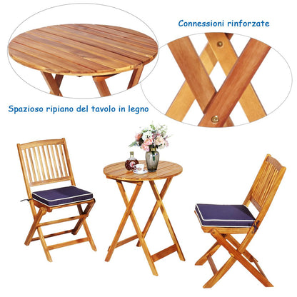 Set 3 Pezzi Pieghevoli in Legno Di Acacia Da Esterno, Set Sedie E Tavolo Con Cuscino Imbottito 3 Colori