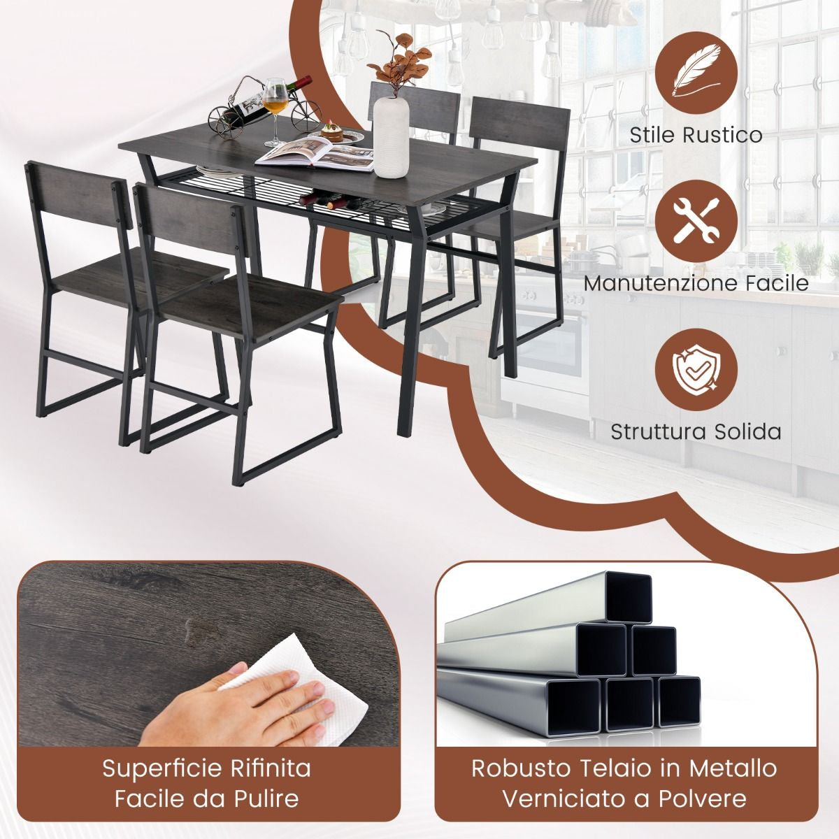 Set Da Tavolo Da Pranzo 5 Pezzi, Tavolo Da Cucina Con 4 Sedie Mensola Portaoggetti E Telaio in Metallo 2 Colori