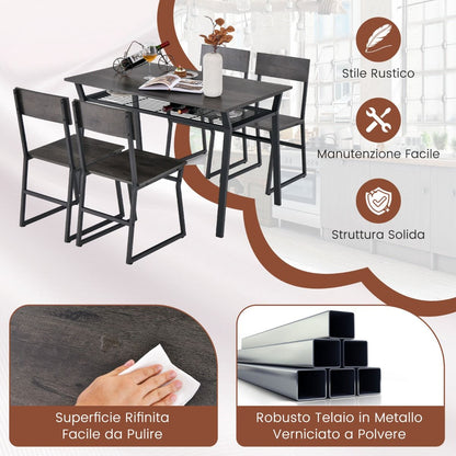 Set Da Tavolo Da Pranzo 5 Pezzi, Tavolo Da Cucina Con 4 Sedie Mensola Portaoggetti E Telaio in Metallo 2 Colori