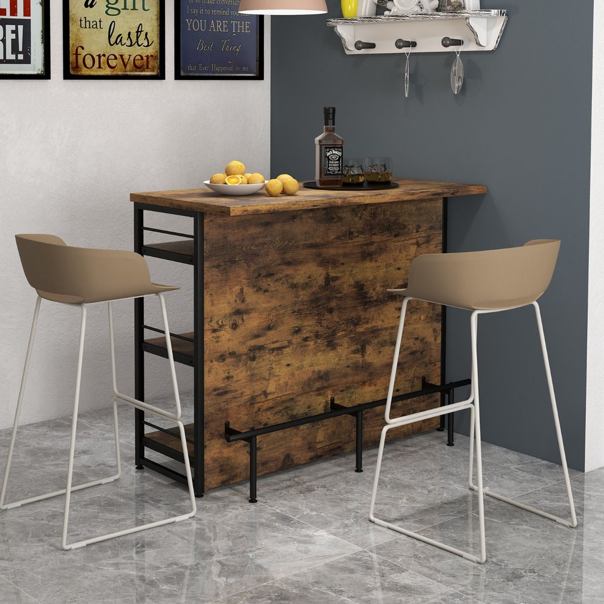 Isola Cucina Stile Industriale Con 3 Ripiani Aperti Portabottiglie E Porta Calici, Mobile Bar Con Poggiapiedi 2 Colori