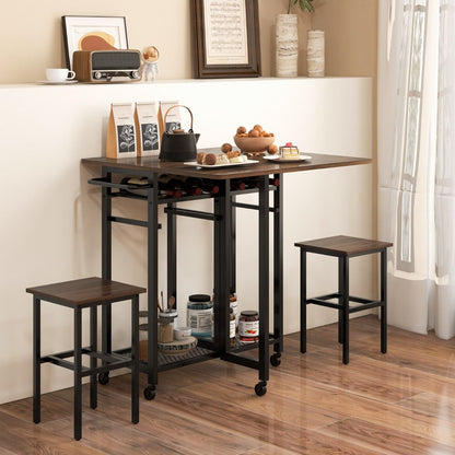 Set Tavolo Da Pranzo 3 Pezzi Con Ruote E Portabottiglie Da 6 Posti, Tavolo Da Cucina Estendibile Con 2 Sgabelli 4 Colori