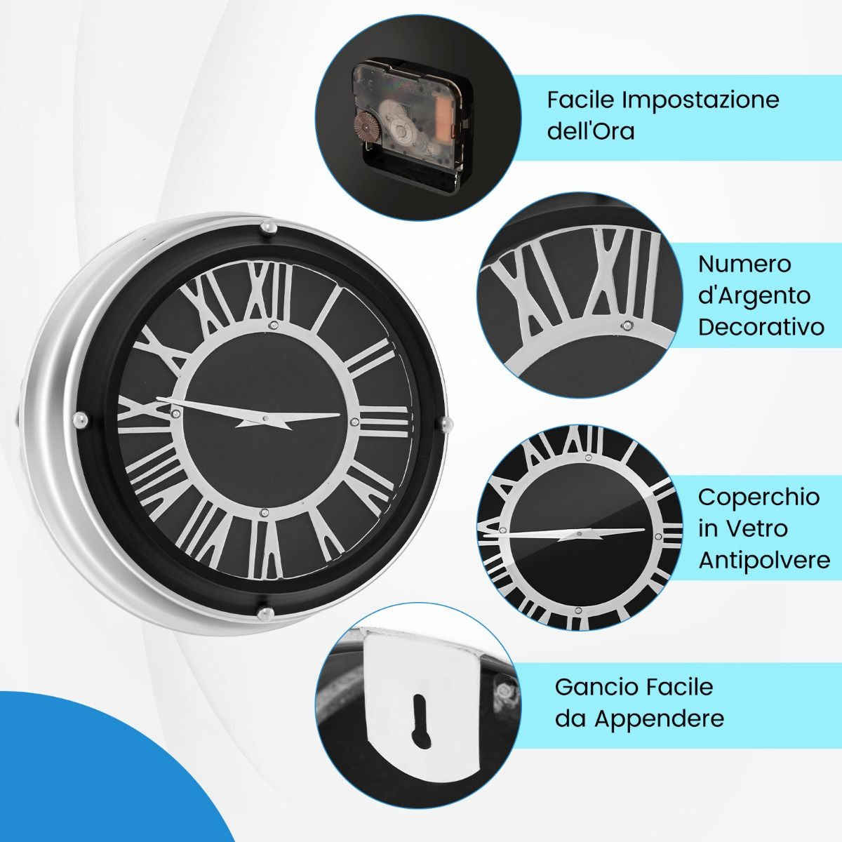Orologio Da Parete Silenzioso Con Numeri Romani Copertura in Vetro, Orologio Da Muro Senza Ticchettio 2 Dimensioni