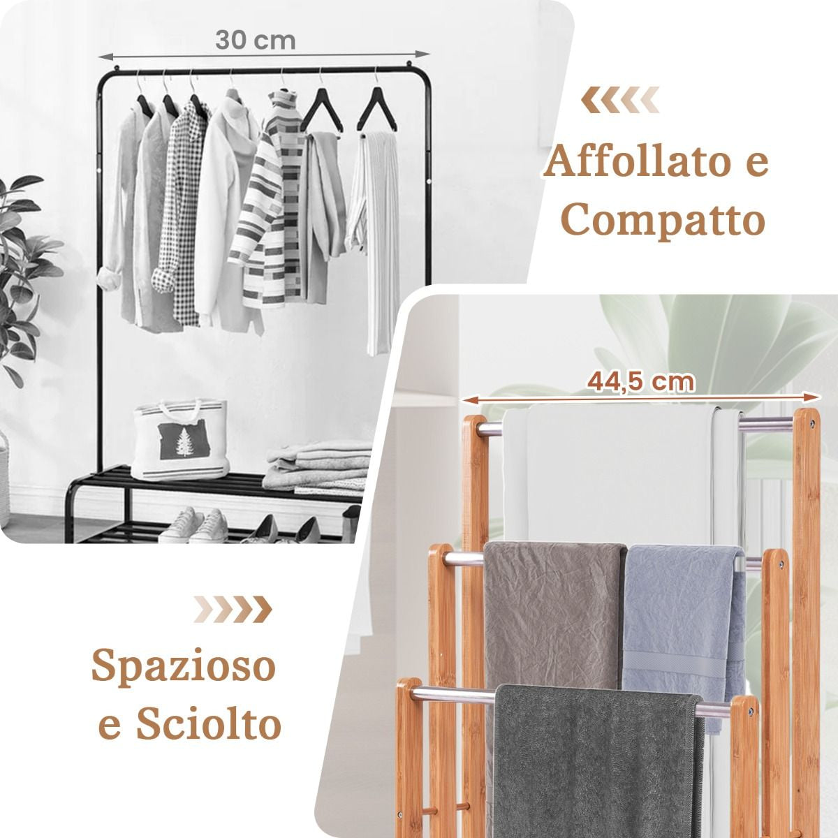 Porta Asciugamani in Legno Di Bambu Con 3 Barre in Acciaio Inox Da Terra 46X24X84Cm