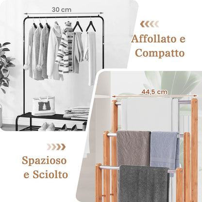 Porta Asciugamani in Legno Di Bambu Con 3 Barre in Acciaio Inox Da Terra 46X24X84Cm