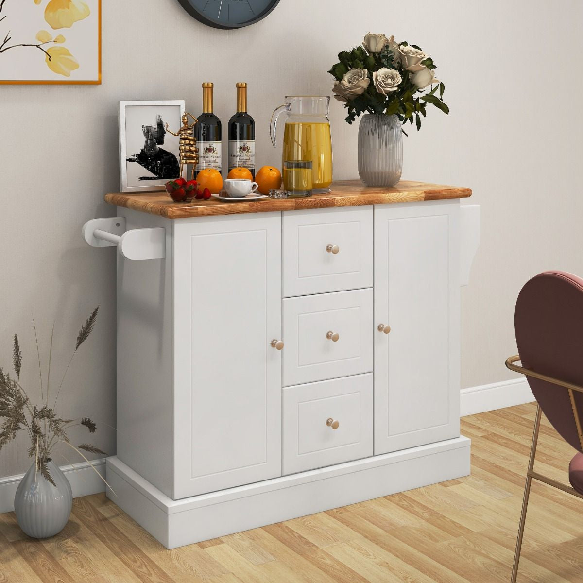 Carrello Da Cucina Con 3 Cassetti 2 Armadietti Chiusi Con Ripiani Regolabili, Isola Con Barra Laterale 2 Colori